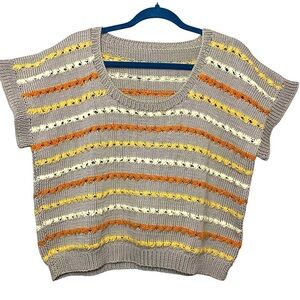 Handmade Crochet Knit Sweater Short Sleeve Tan Orange Sz M Neutral Boho Retro